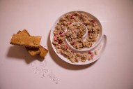 crunchy oats and raspberry with milk and biscuits
