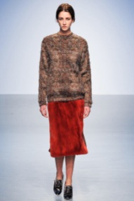 red skirt and nude sweater Earth colors ready to wear