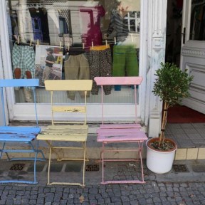 Blue yellow and pink chair